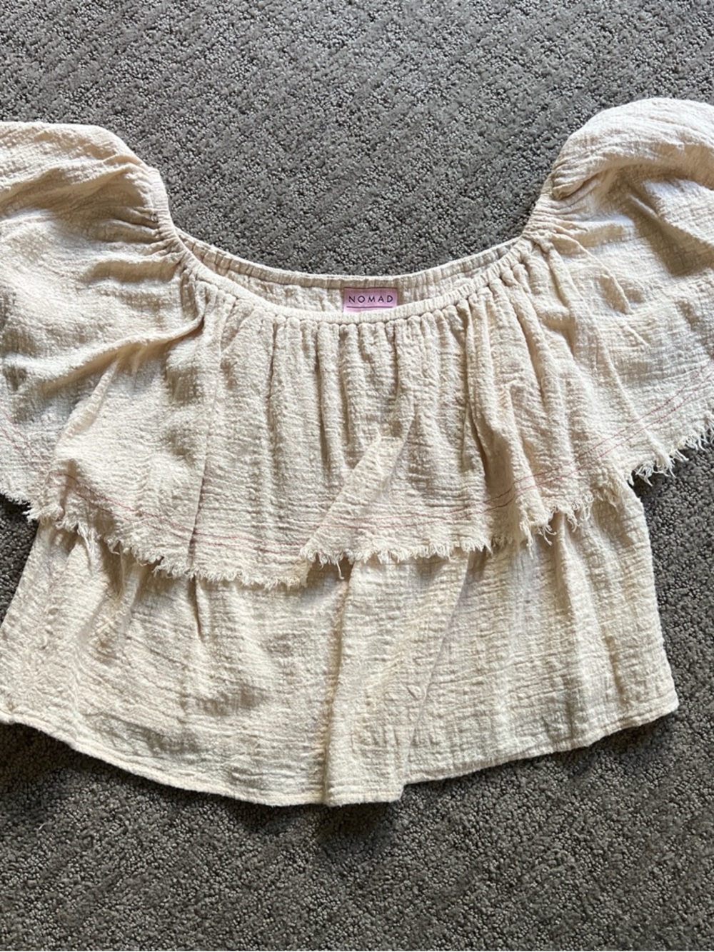 Nomad Cream Textured Off-Shoulder Ruffle Crop Top